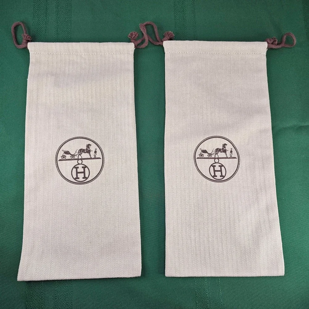 2‎ Hermès Dust Bags Pouches Beige Paris Herringbone Drawstring Storage 14x6.5